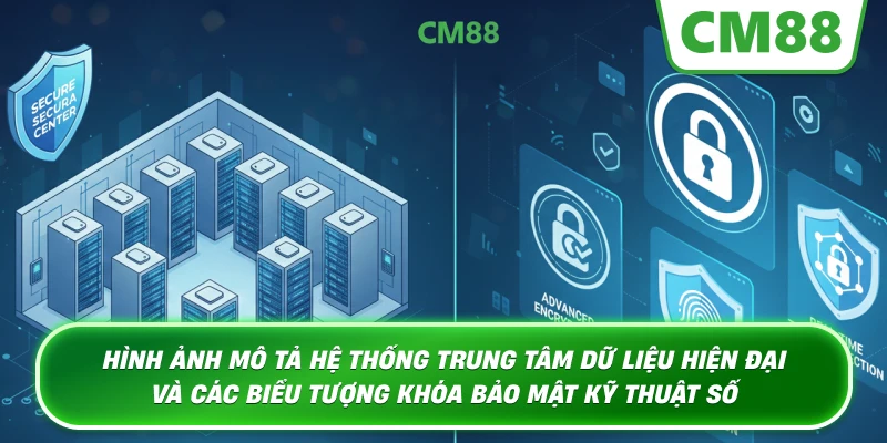 Hình ảnh mô tả hệ thống trung tâm dữ liệu hiện đại và các biểu tượng khóa bảo mật kỹ thuật số